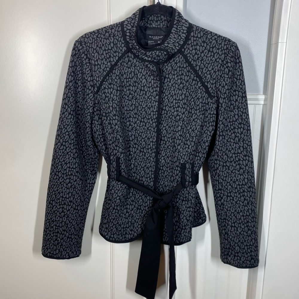 Sandro Black Grey Cheetah Print Belted Jacket Size Medium‎ Mature Career Office